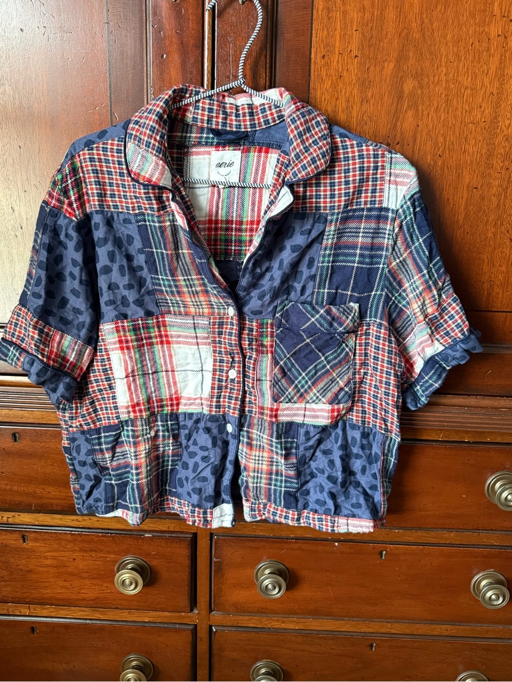 aerie Patchwork Plaid & Navy Short-Sleeve Button-Up Crop Shirt